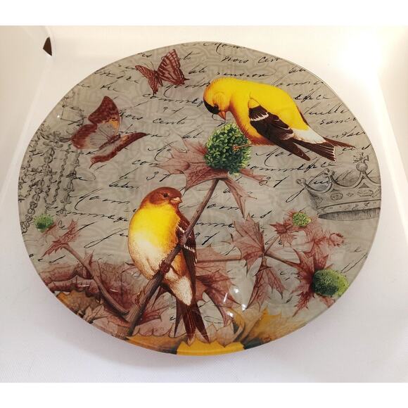 GLASS PLATTER-NOTIONS-"Goldfinch"-Ruffled Edges-Large 14" Diameter-Birds - Picture 10 of 13